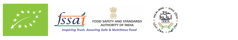 Logos of quality certifications like GMP, ISO, Organic